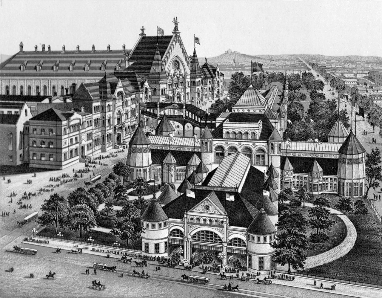 An illustration of Music Hall and Park Hall in Washington Park. At the expo, the center of activities revolved around the recently constructed Music Hall. It was completed in 1878 in part to house this and other expositions, along with choral festivals. The giant auditorium served as the anchor for the temporary buildings erected in and around Washington Park — Machinery Hall and Park Hall — to create the largest connected covered area ever used for an exposition on the continent.