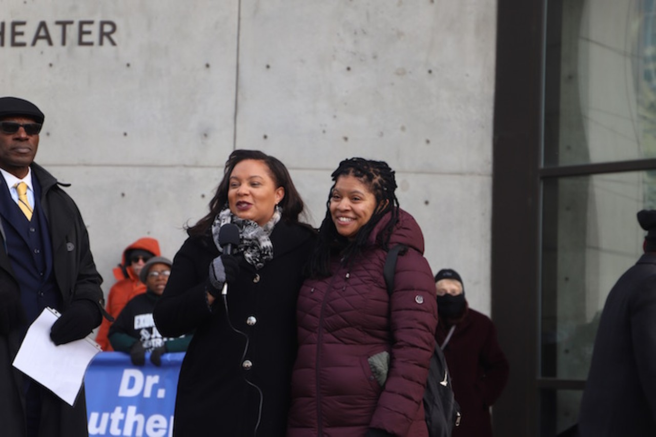 MLK Coalition President Dr. Ericka King-Betts and Vice President Desire Bennett give opening remarks before the MLK Day march