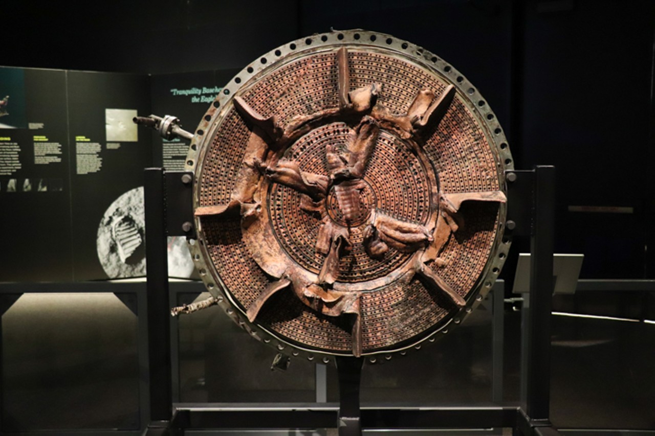 Recovered from the bottom of the Atlantic Ocean in 2013, the F-1 engine injector plate was part of Apollo11's Saturn V rocket. It sprayed liquid oxygen and kerosene fuel into the engine's combustion chamber.