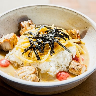 Pepe meshi: confit chicken, spaghetti, rice, umeboshi, nori ($10)