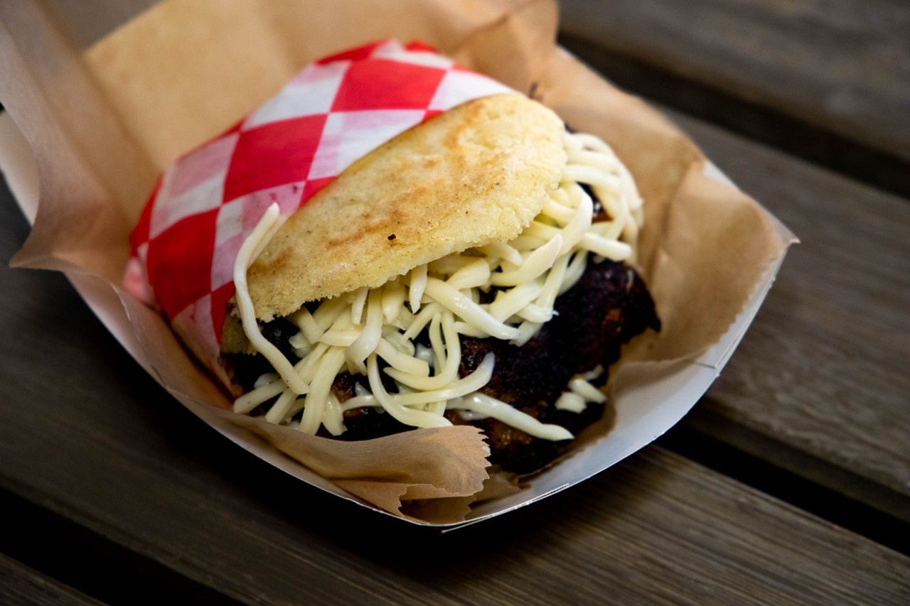 Pabell&oacute;n arepa, with shredded beef, cheese, black beans and sweet plantains