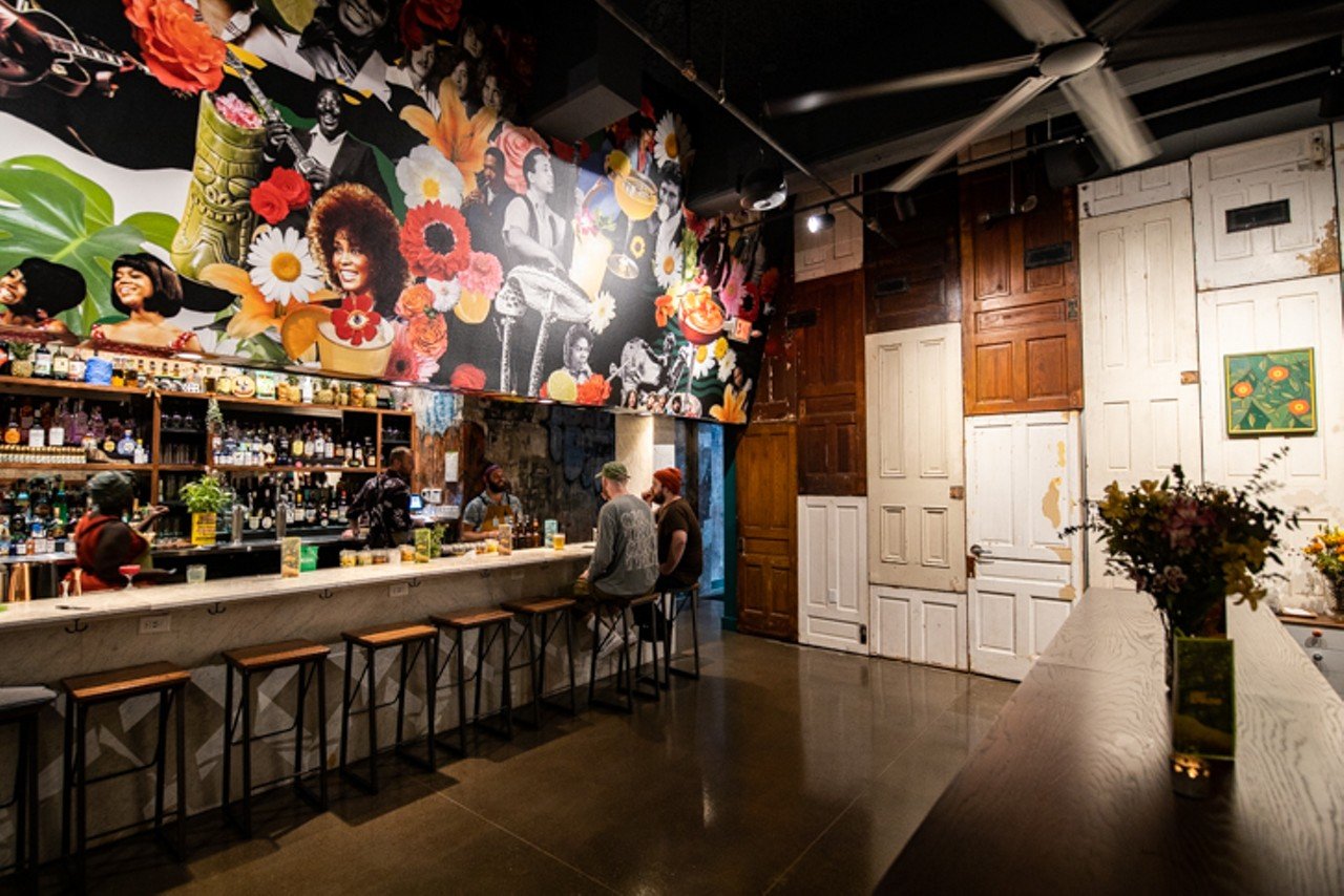 The bar, with funky mural by Cody Gunningham