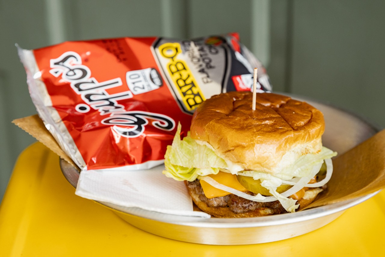 Cheeseburger ($6.50): Hamburger, onion, pickle, mayonnaise and American cheese (add Grippo's chips for $1.25)