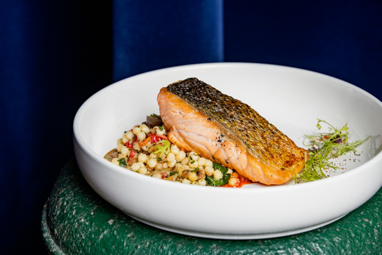 Fish ($26): Salmon, Israeli couscous, olives, piquillo pepper, vermouth beurre blanc