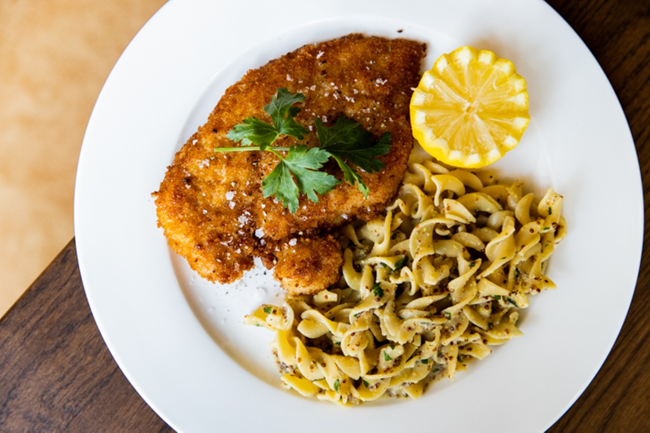 Chicken schnitzel with buttered noodles and grain mustard ($17)