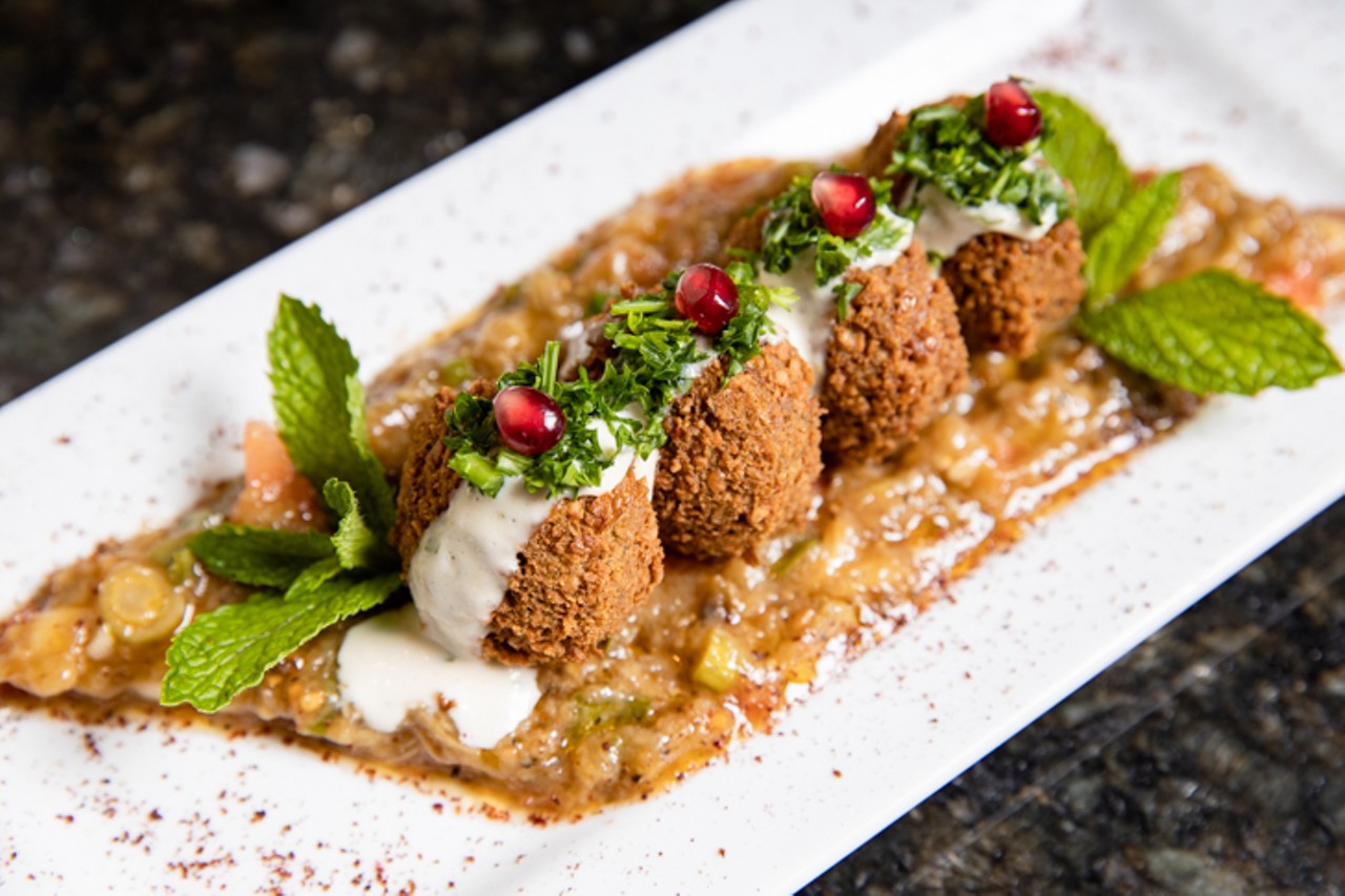 Appetizers, or &#147;mezza&#148; on the menu, are listed in three sections: cold mezza vegetarian, hot mezza vegetarian and not vegetarian. This is the falafel.
