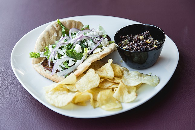 One featured sandwich is a Greek gyro made with seitan which, upon sampling, resembles traditional shaved gyro meat in both taste and texture. Their quinoa and black bean salsa is one of several grain salads offered and was especially delicious when paired with some old-fashioned potato chips that served to scoop the salad like a dip.