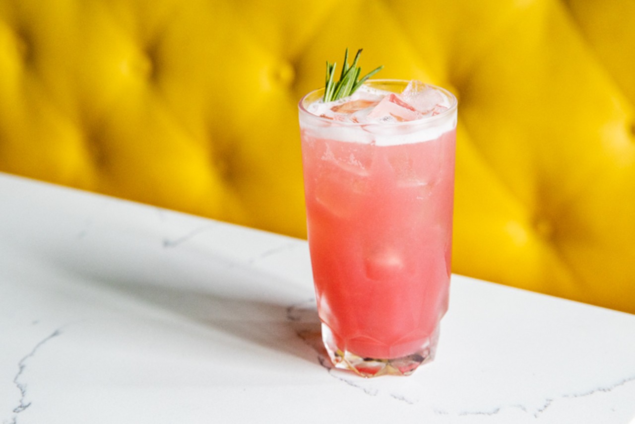 Hi-Rent Fizz ($10) with hibiscus and rose petal, red-currant-infused w&oacute;dka, rosemary, lemon and soda