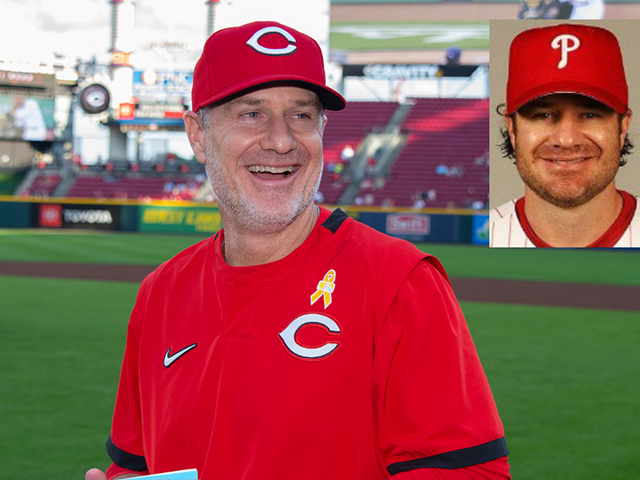 Cincinnati Reds manager David Bell in 2022 and as an infielder for the Philadelphia Phillies in the early 2000s