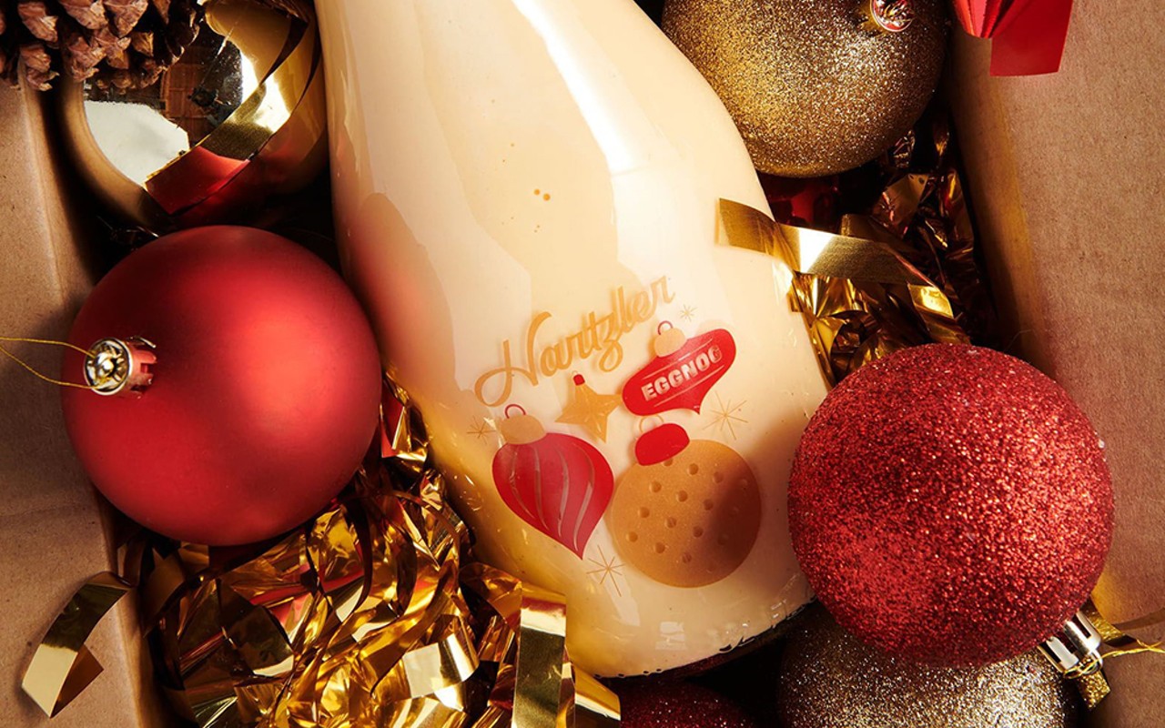 The 2021 limited-edition Hartlzer eggnog bottle, featuring "a nostalgia tinged gold & red ornament motif" by C&C Design (ccdesign.studio).