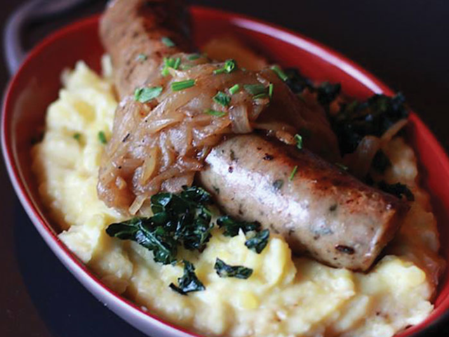 Krueger’s take on bangers and mash: Lincolnshire sausage served over colcannon