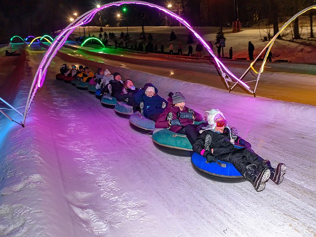 Mansfield's Snow Trails resort offers glow snow tubing after dusk from mid-December through mid-March.