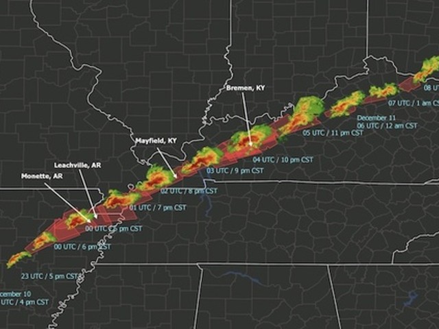 Radar imagery of tornadoes moving across several states on Dec. 10 and 11
