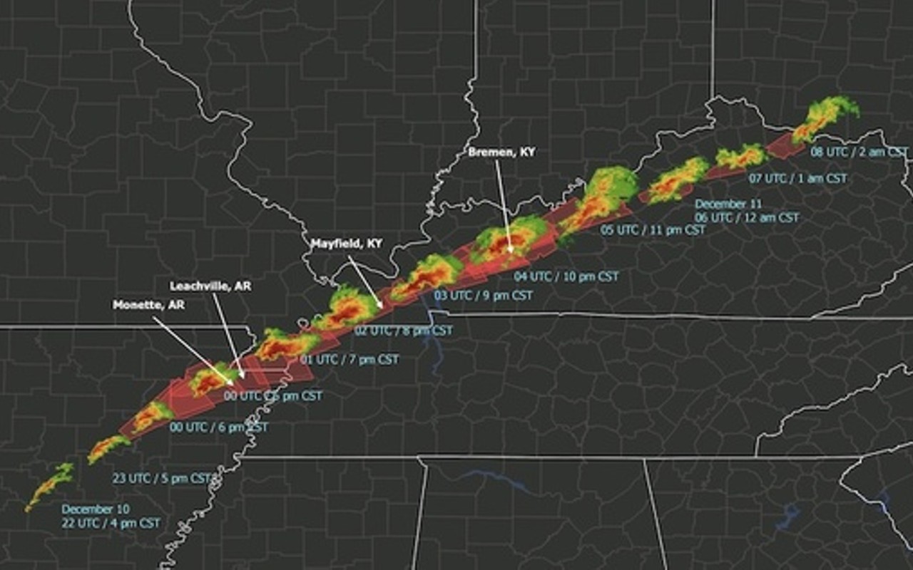 Radar imagery of tornadoes moving across several states on Dec. 10 and 11