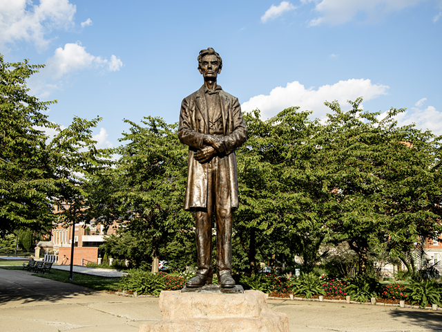 A beardless statute of Abraham Lincoln in Lytle Park.