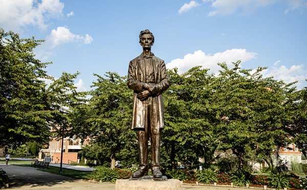 A beardless statute of Abraham Lincoln in Lytle Park.