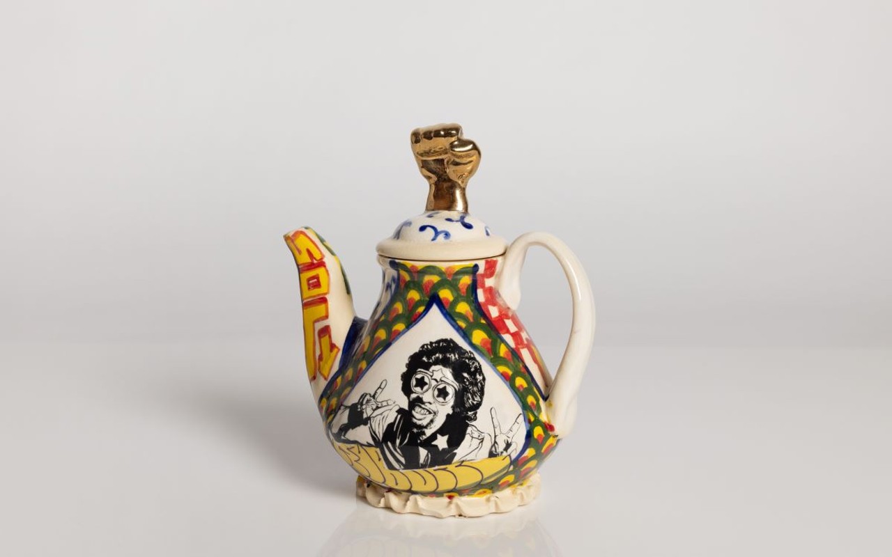 Bootsy Collins and Kathryne Gardette Teapot 2022, Roberto Lugo (Puerto Rican American, b.1981), glazed stoneware, luster, Museum Purchase: Friends of Decorative Arts & Design, 2023.43. © Roberto Lugo. Photographs by Ashley Smith, courtesy of the artist and R & Company.