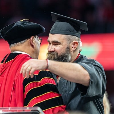 Jason Kelce receiving his University of Cincinnati degree in a surprise graduation ceremony | New Heights podcast live show at Fifth Third Arena | April 11, 2024