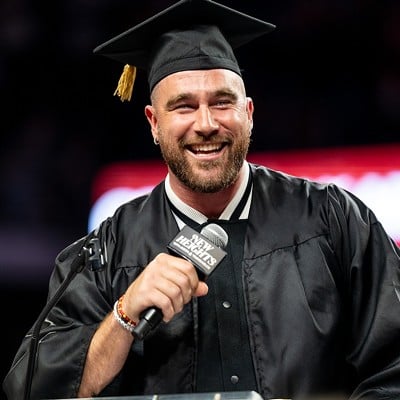 Travis Kelce receiving his University of Cincinnati degree in a surprise graduation ceremony | New Heights podcast live show at Fifth Third Arena | April 11, 2024