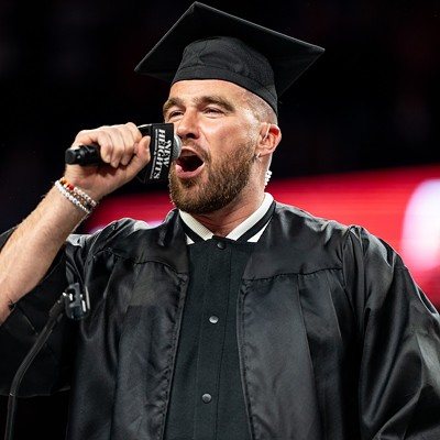 Travis Kelce receiving his University of Cincinnati degree in a surprise graduation ceremony | New Heights podcast live show at Fifth Third Arena | April 11, 2024