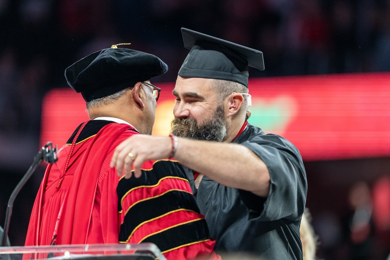 Jason Kelce receiving his University of Cincinnati degree in a surprise graduation ceremony | New Heights podcast live show at Fifth Third Arena | April 11, 2024
