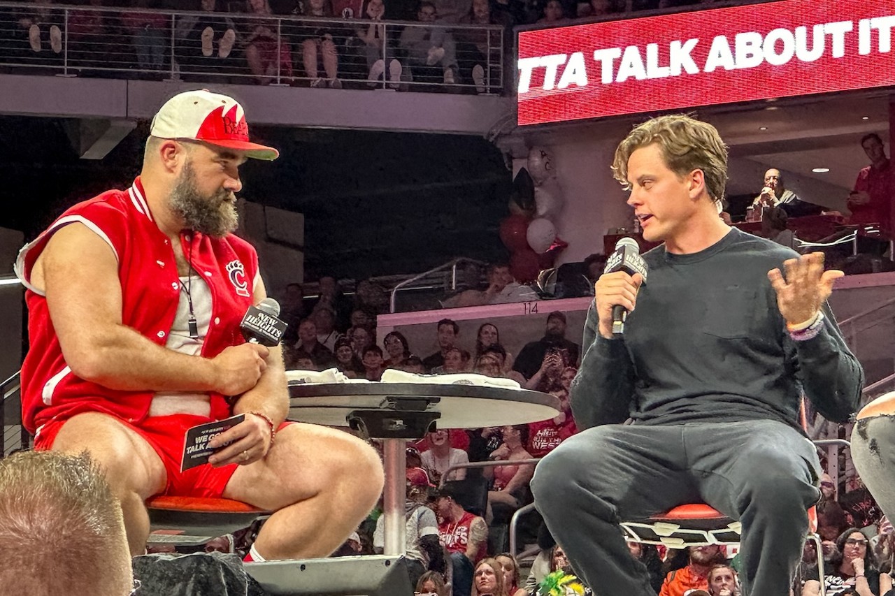 Jason Kelce and Joe Burrow at the New Heights podcast live show at Fifth Third Arena | April 11, 2024