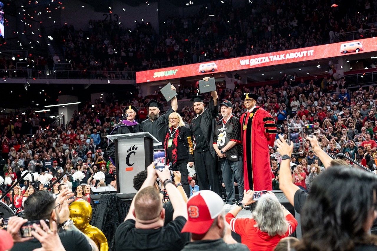 The Kelce brothers' surprise graduation ceremony during the New Heights podcast live show at Fifth Third Arena | April 11, 2024