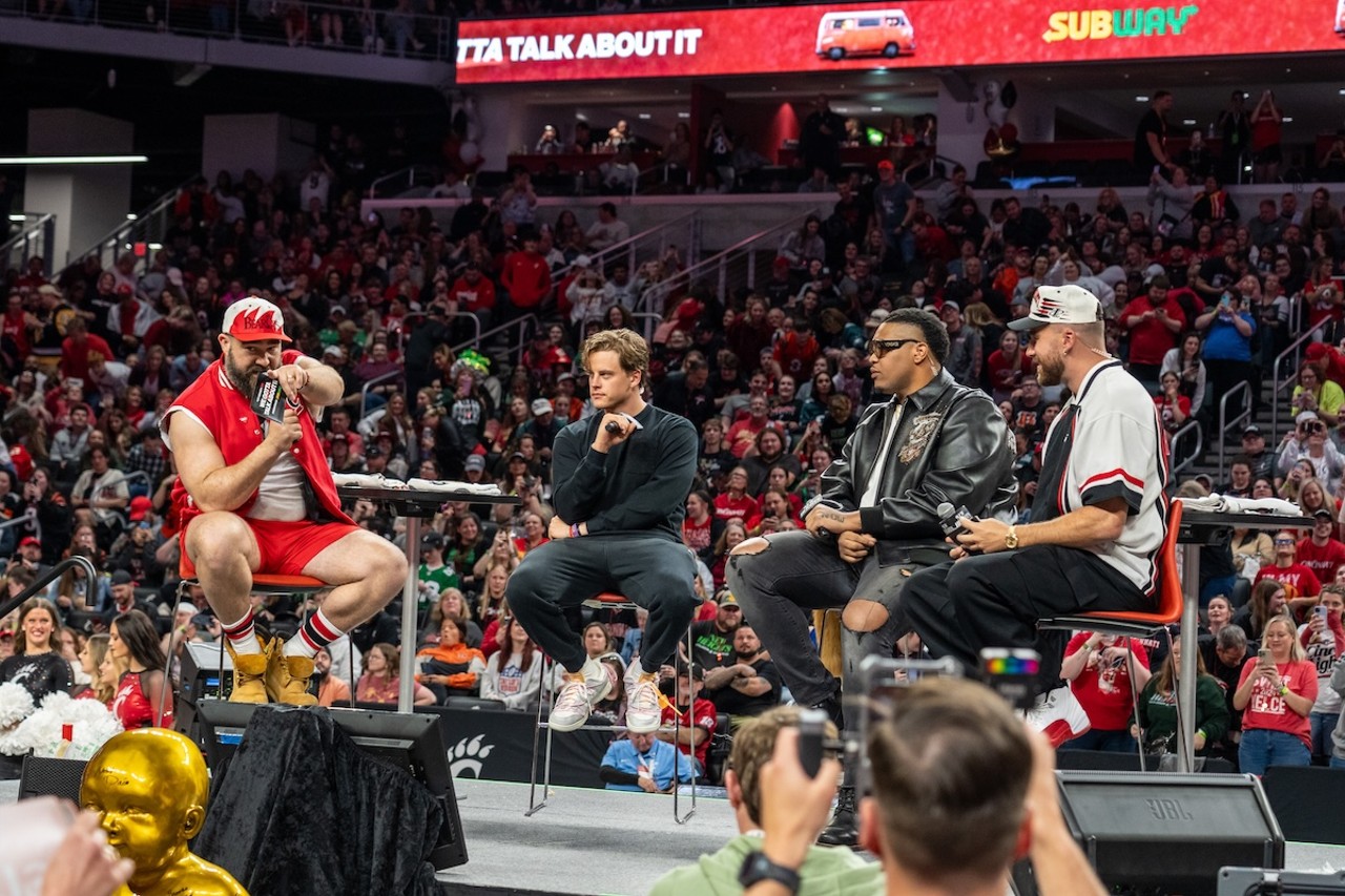 From left to right: Jason Kelce, Cincinnati Bengals quarterback Joe Burrow, Cincinnati Bengals offensive tackle Orlando Brown Jr. and Travis Kelce at the New Heights podcast live show at Fifth Third Arena | April 11, 2024