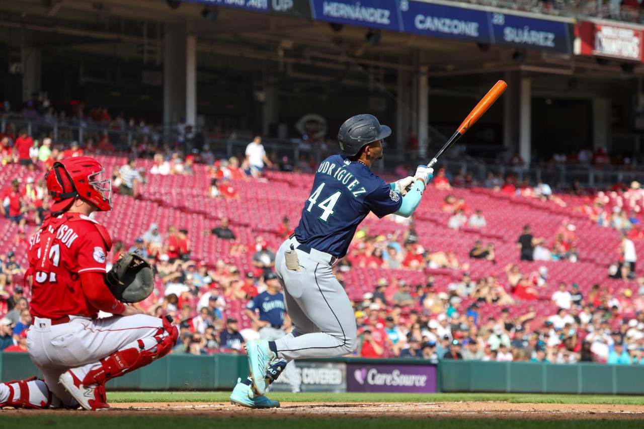 Julio Rodríguez homers to right-center in the top of the fourth inning during the Cincinnati Reds' game against the Seattle Mariners on Sept. 4, 2023.