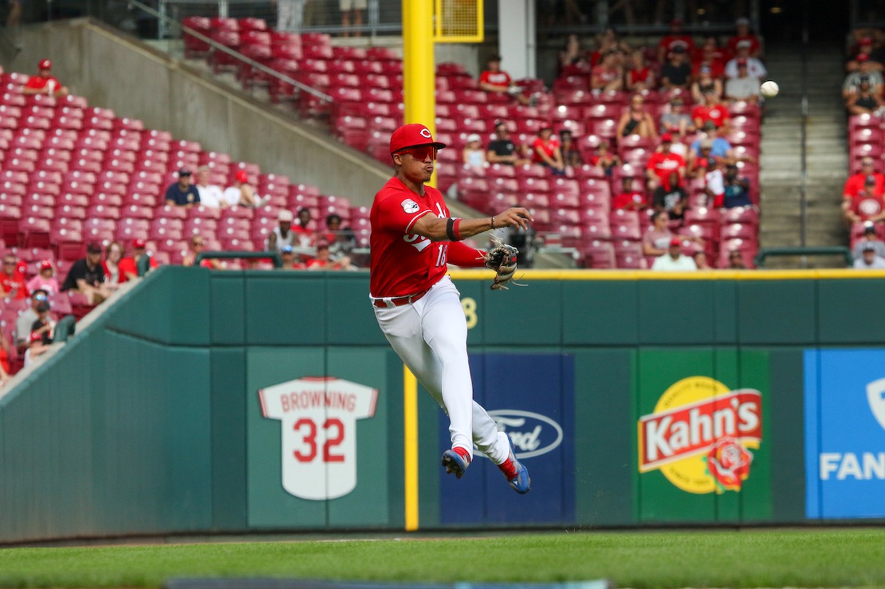 Noelvi Marte fields an infield single to third and comes up short at first in the top of the third inning during the Cincinnati Reds' game against the Seattle Mariners on Sept. 4, 2023.