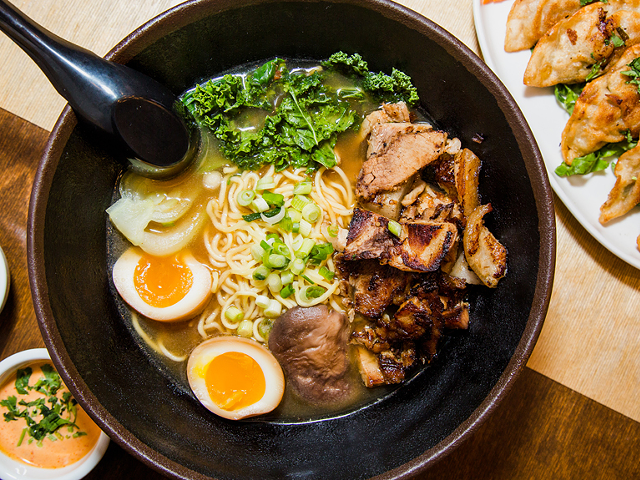 Dope!’s Hella Spicy Miso Ramen with Japanese-style barbecue pork and kale