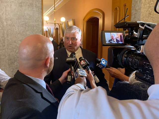 Larry Householder addresses reporters June 16 after lawmakers voted to expel him from the General Assembly.