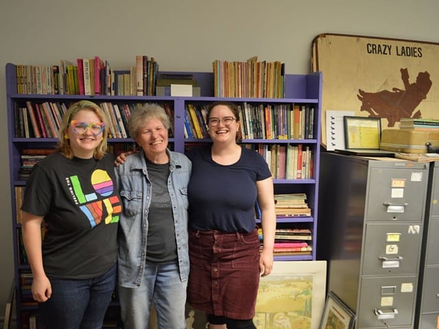 Volunteer Becky Mason (left), co-founder Phebe Beiser (center) and Vice President Nancy Yerian (right) at the Ohio Lesbian Archives headquarters.