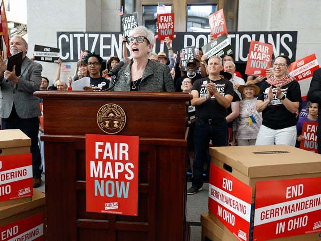 Retired Ohio Supreme Court Chief Justice Maureen O’Connor speaks to supporters at the Citizens Not Politicians rally, July 1, 2024, at the Statehouse in Columbus, Ohio.