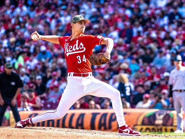 Luke Weaver pitching during the fourth inning of the Cincinnati Reds vs. New York Yankees game on May 20, 2023.