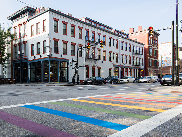 The rainbow crosswalk is located at the intersection of 12th and Vine streets.