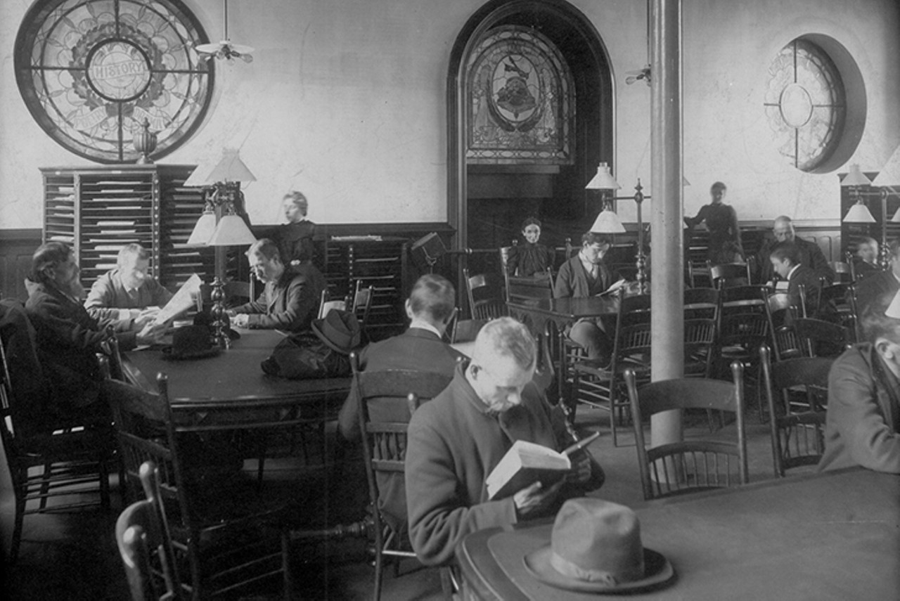 The stained glass windows that line the back wall were restored in 2005 and are currently on permanent display in the Main Library downtown.
Photo: Courtesy of The Public Library of Cincinnati and Hamilton County Digital Archives