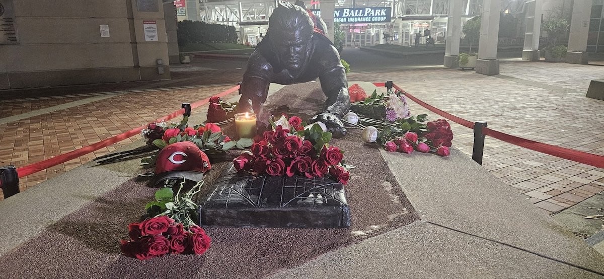 Flowers left at the Pete Rose statue at Great American Ball Park following his death on Sept. 30, 2024.