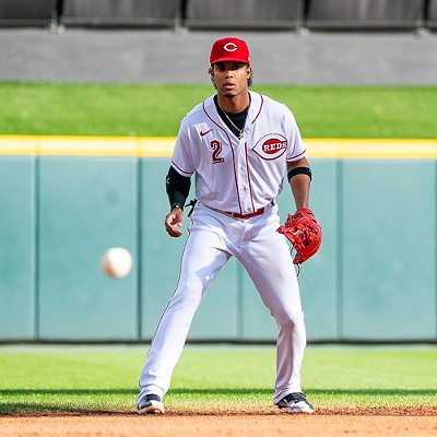 Jose Barrero fields a ball as the Cincinnati Reds host the Chicago Cubs at Great American Ball Park on Oct. 5, 2022.