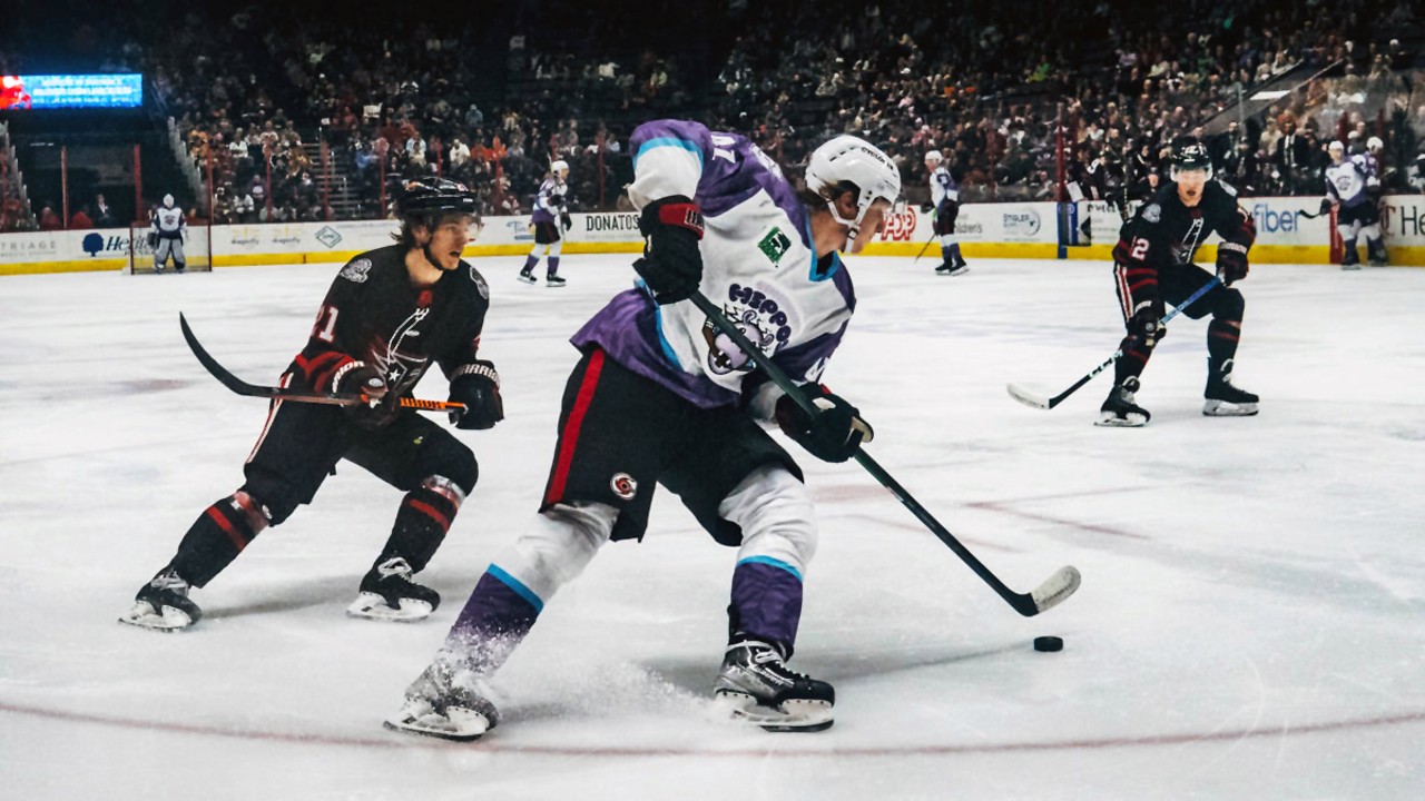 The Cincinnati Cyclones (or the Cincinnati Hippos for one night only) battle the Indianapolis Fuel at Heritage Bank Center on March 4, 2023.