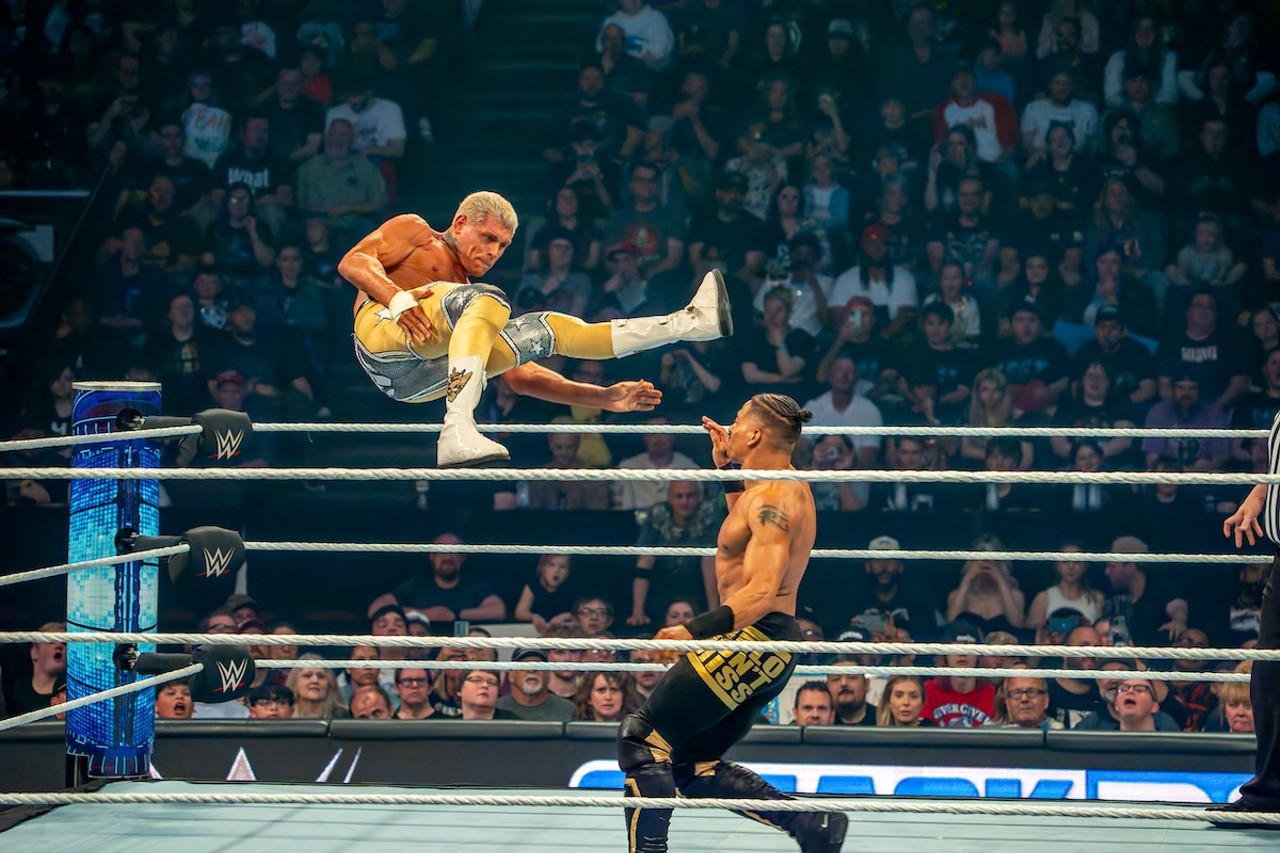 Cody Rhodes takes to the sky to deliver a kick to Carmelo Hayes | WWE Smackdown at Heritage Bank Center on April 26, 2024