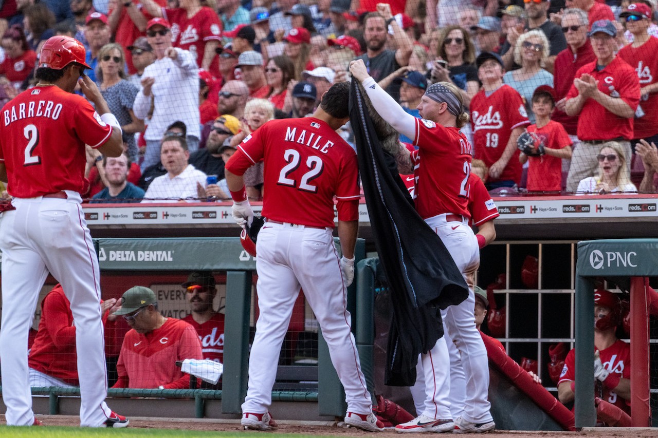 Luke Maile and the Cincinnati Reds celebrate a home run during the game against the New York Yankees on May 20, 2023.