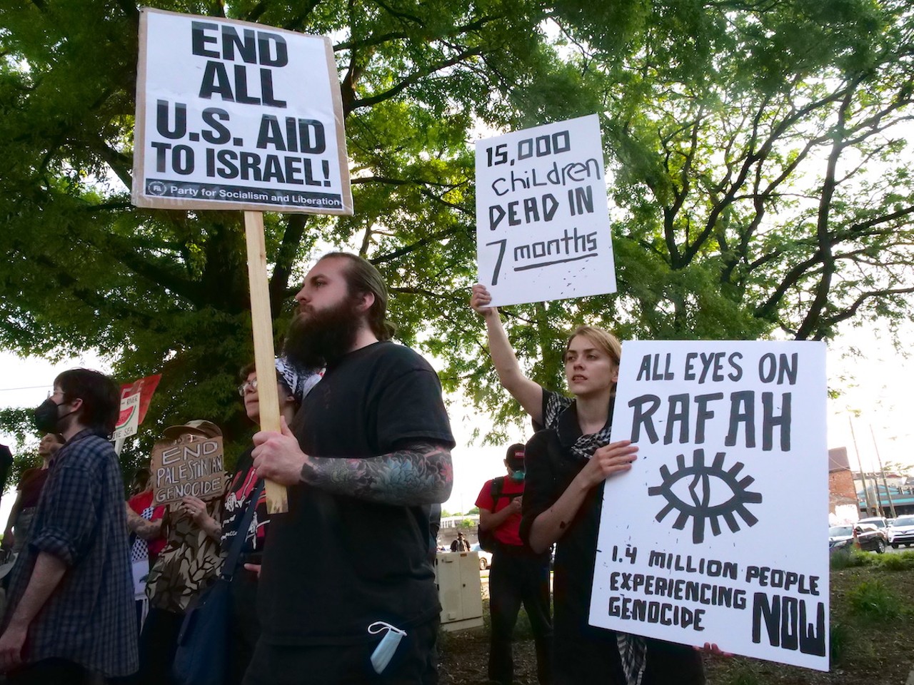 Demonstrators from six Greater Cincinnati organizations gathered in Covington on May 7 to protest the U.S.'s support of Israel as defense forces move into Rafa.