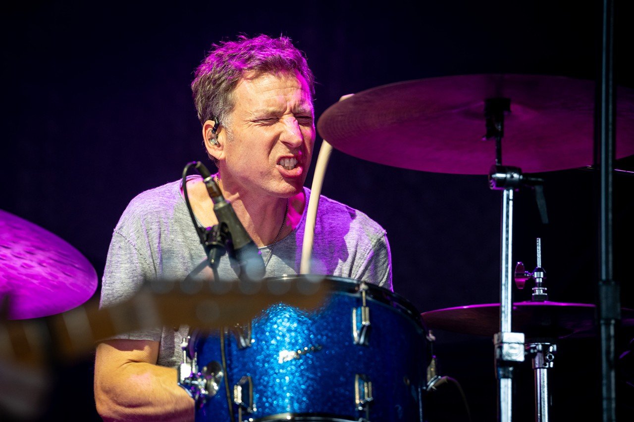 The lead drummer of Counting Crows, Jim Bogios, plays at Riverbend Music Center on Friday, June 28, 2024.