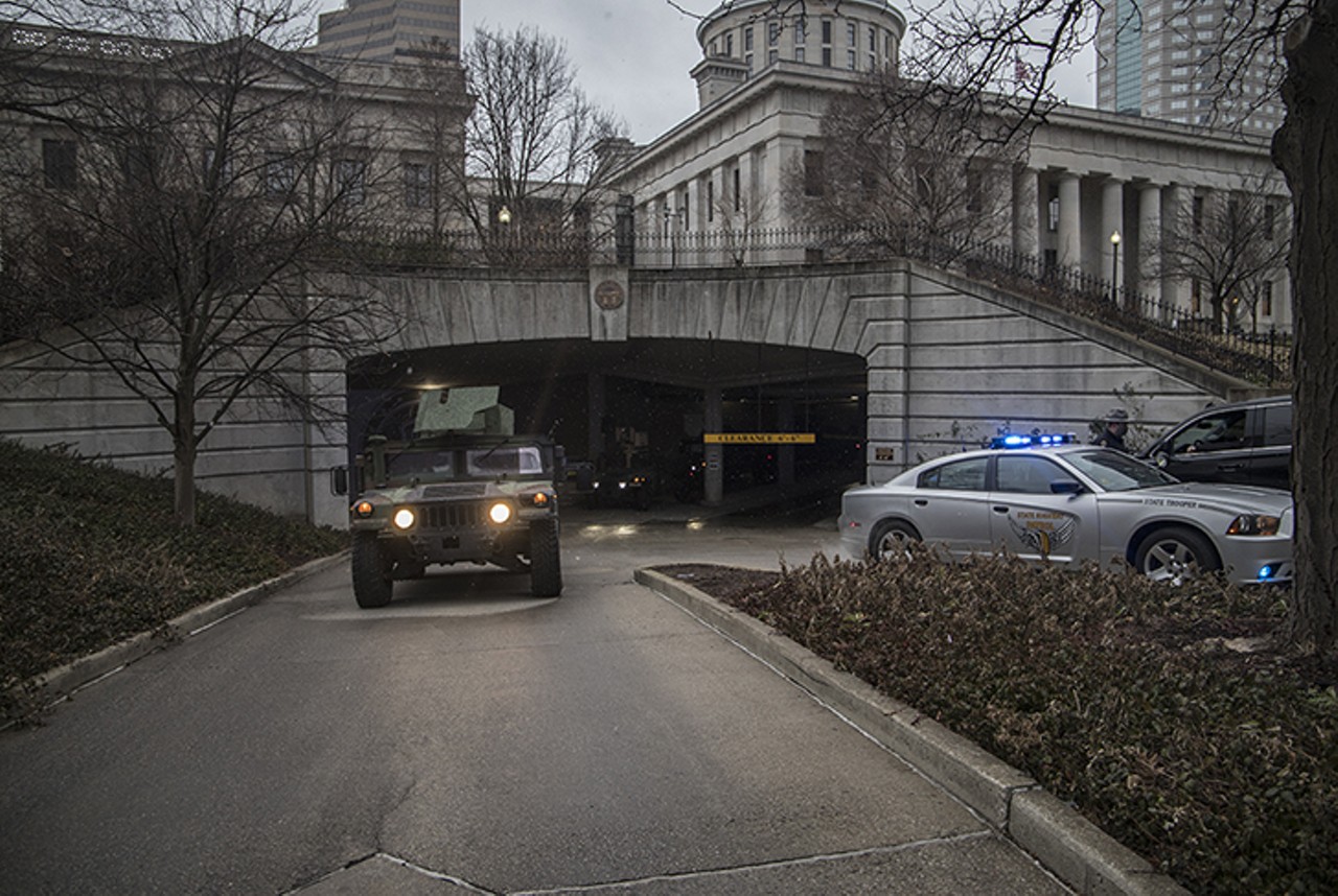 Ohio National Guard and Ohio Highway Patrol personnel guard the Ohio capitol building