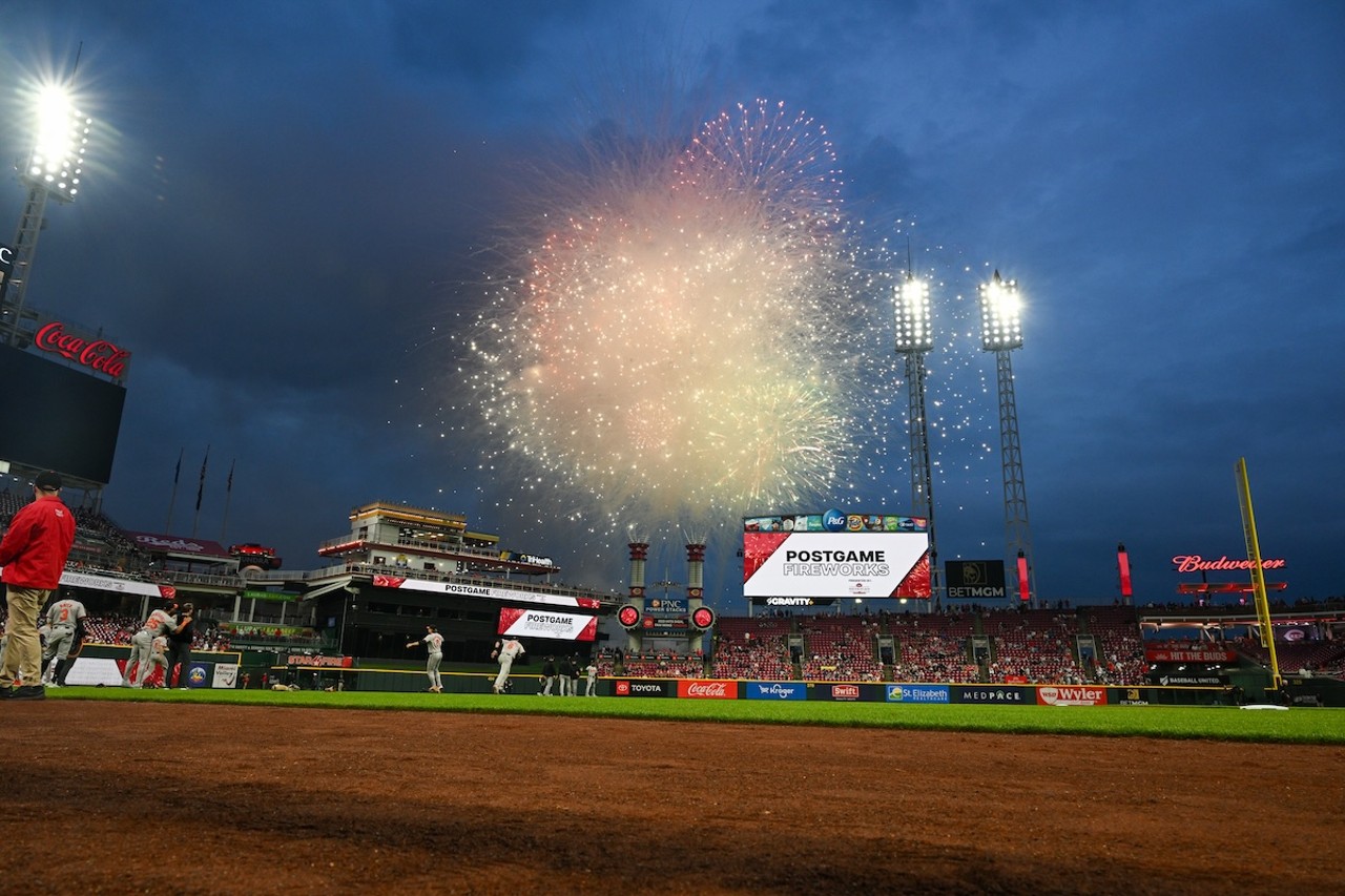 Post-game fireworks are fired prior to the game after a rain delay | Cincinnati Reds vs. Baltimore Orioles | May 3, 2024