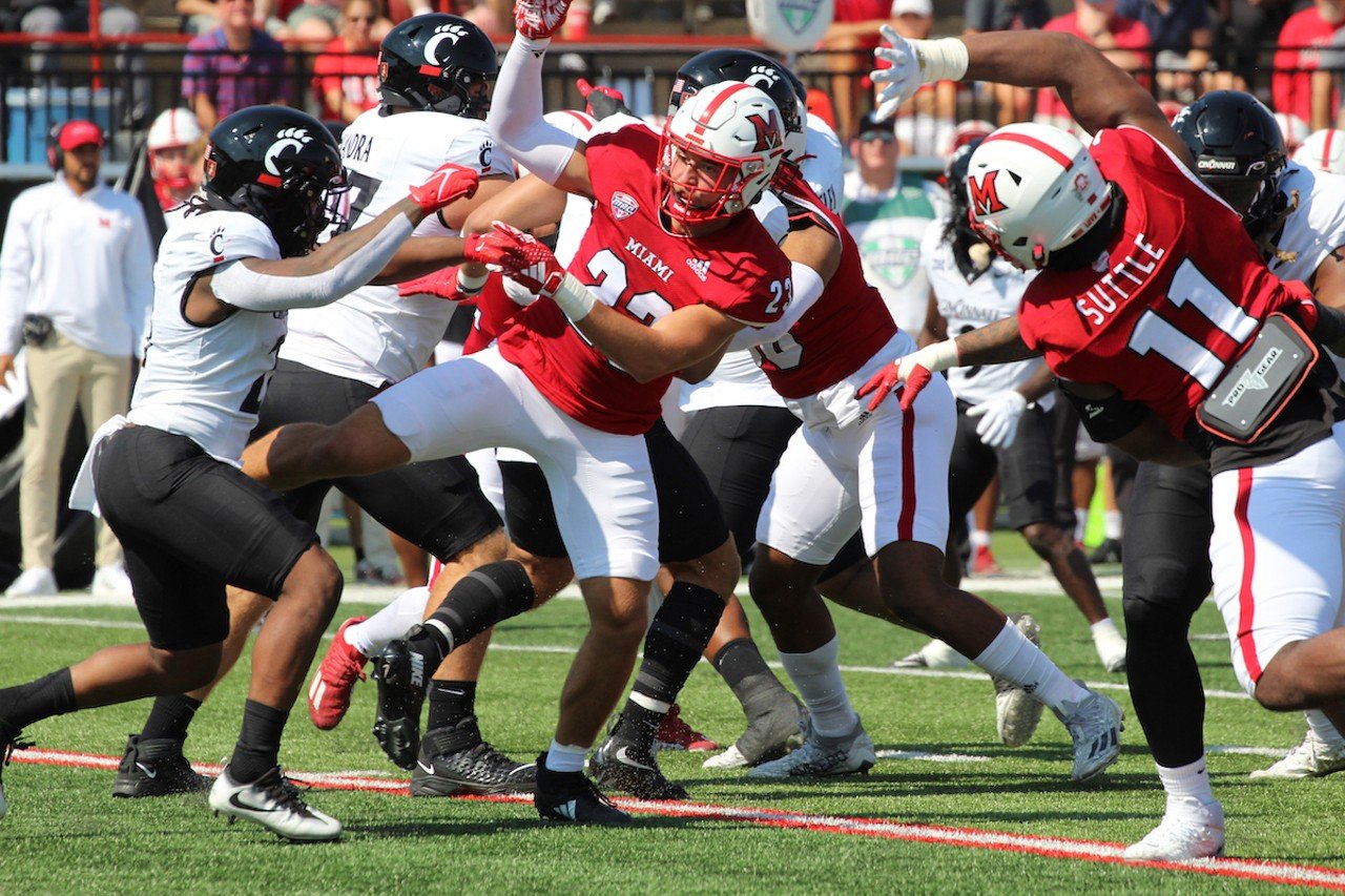 A play during the annual University of Cincinnati and Miami University rival football match on Saturday, Sept. 14, 2024.