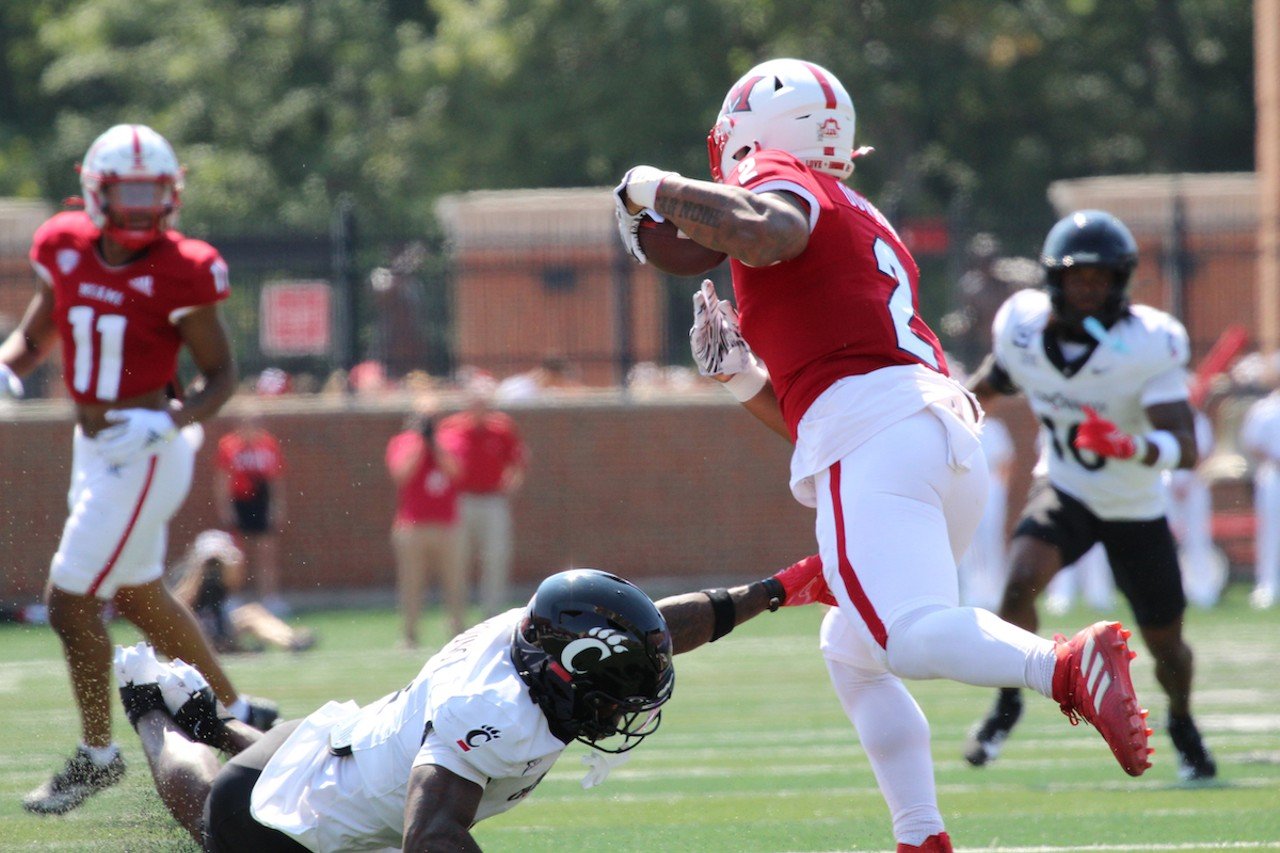 A play during the annual University of Cincinnati and Miami University rival football match on Saturday, Sept. 14, 2024.