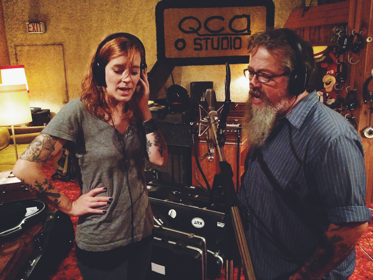 Wussy’s Lisa Walker and Chuck Cleaver recording the vocal on the song "Beautiful" for the group's 'Attica' LP.