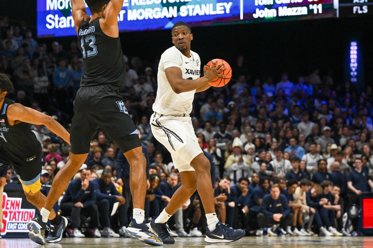 Abou Ousmane looks on as he attempts to make a pass | Xavier vs. Marquette | March 9, 2024